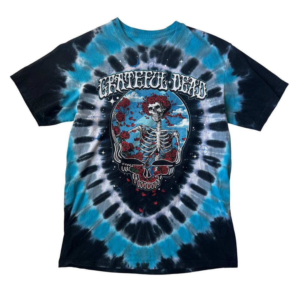 Grateful Dead Liquid Blue Tie Dye Skull Roses Steal Your Bertha Tee Double Sided